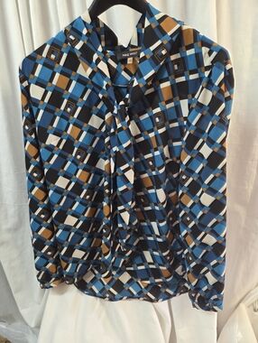 Nine West Blue, Black, Tan & White Geometric Tie-Neck Blouse